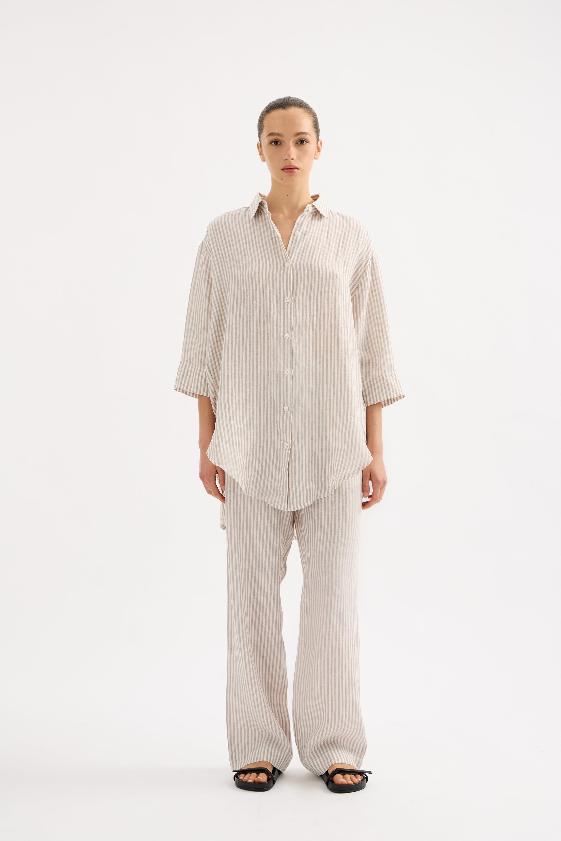 Lounge Stripe Linen Longline Shirt Silver Stripe 