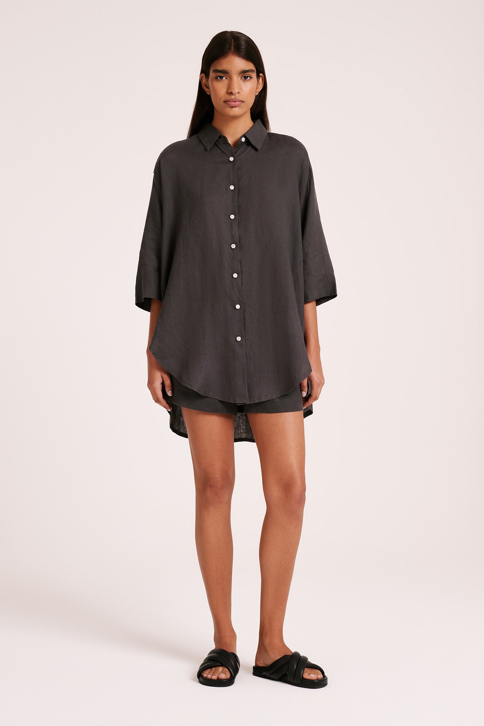 Lounge Linen Longline Shirt Coal 