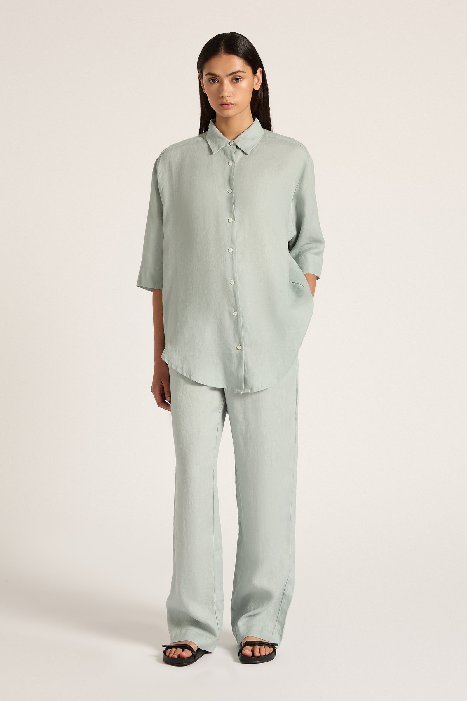 Lounge Linen Longline Shirt Seafoam 