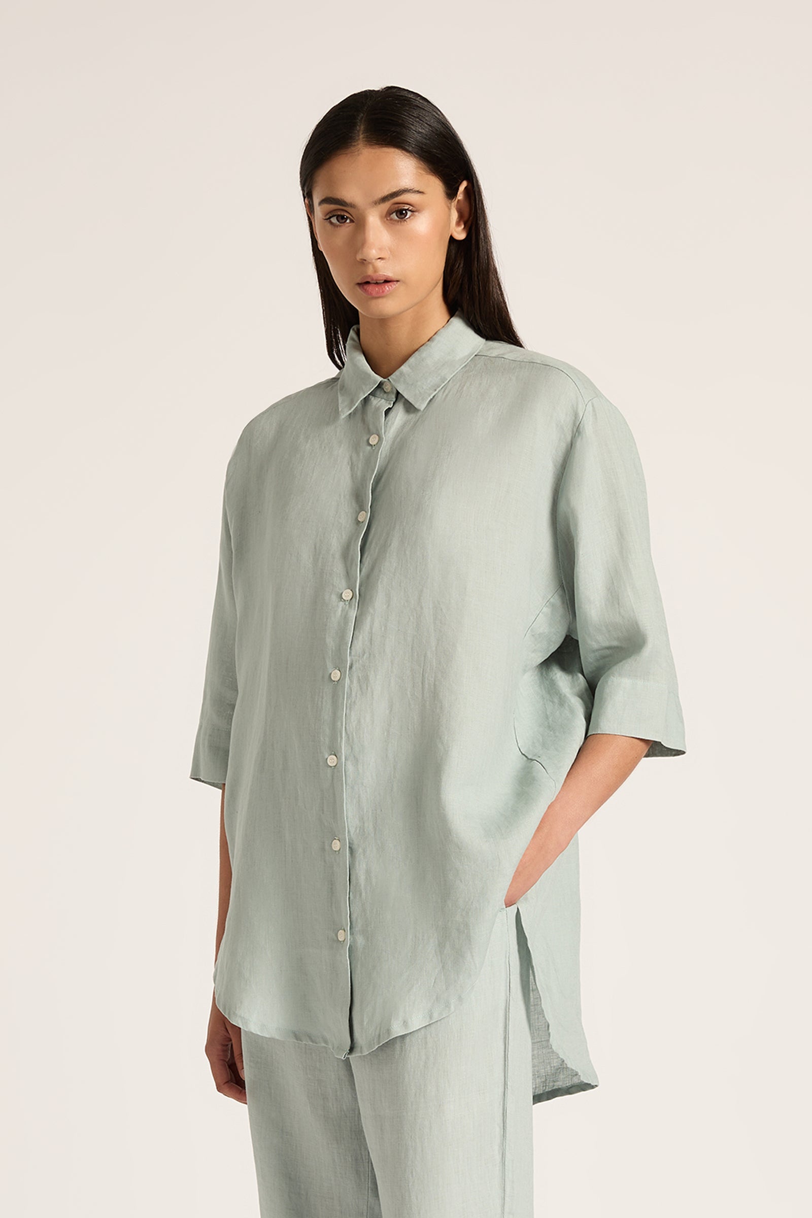 Lounge Linen Longline Shirt Seafoam 