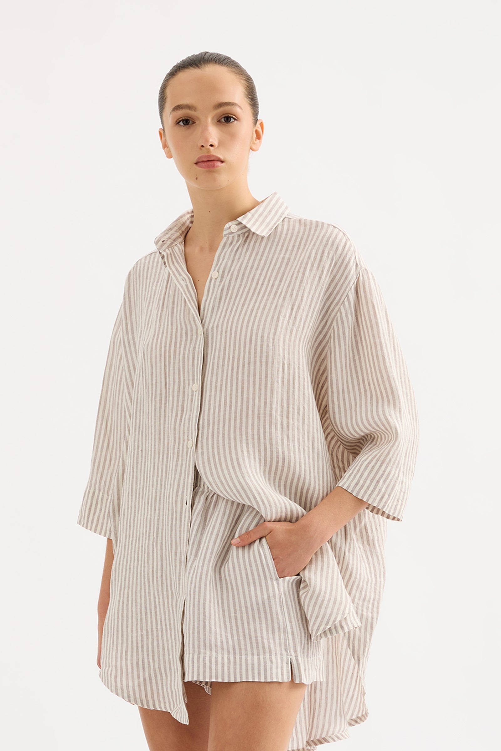 Lounge Stripe Linen Longline Shirt Silver Stripe 