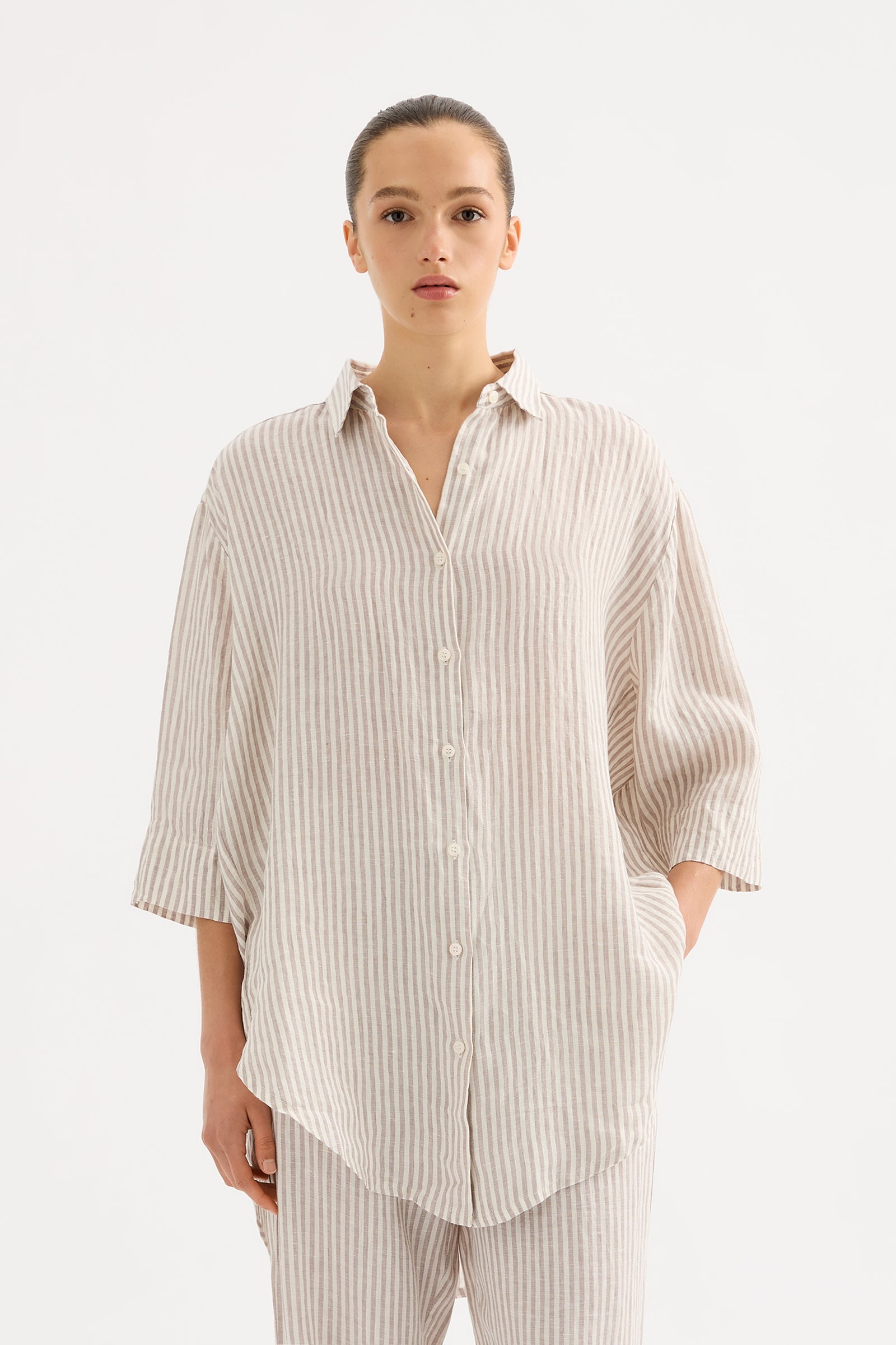 Lounge Stripe Linen Longline Shirt Silver Stripe 