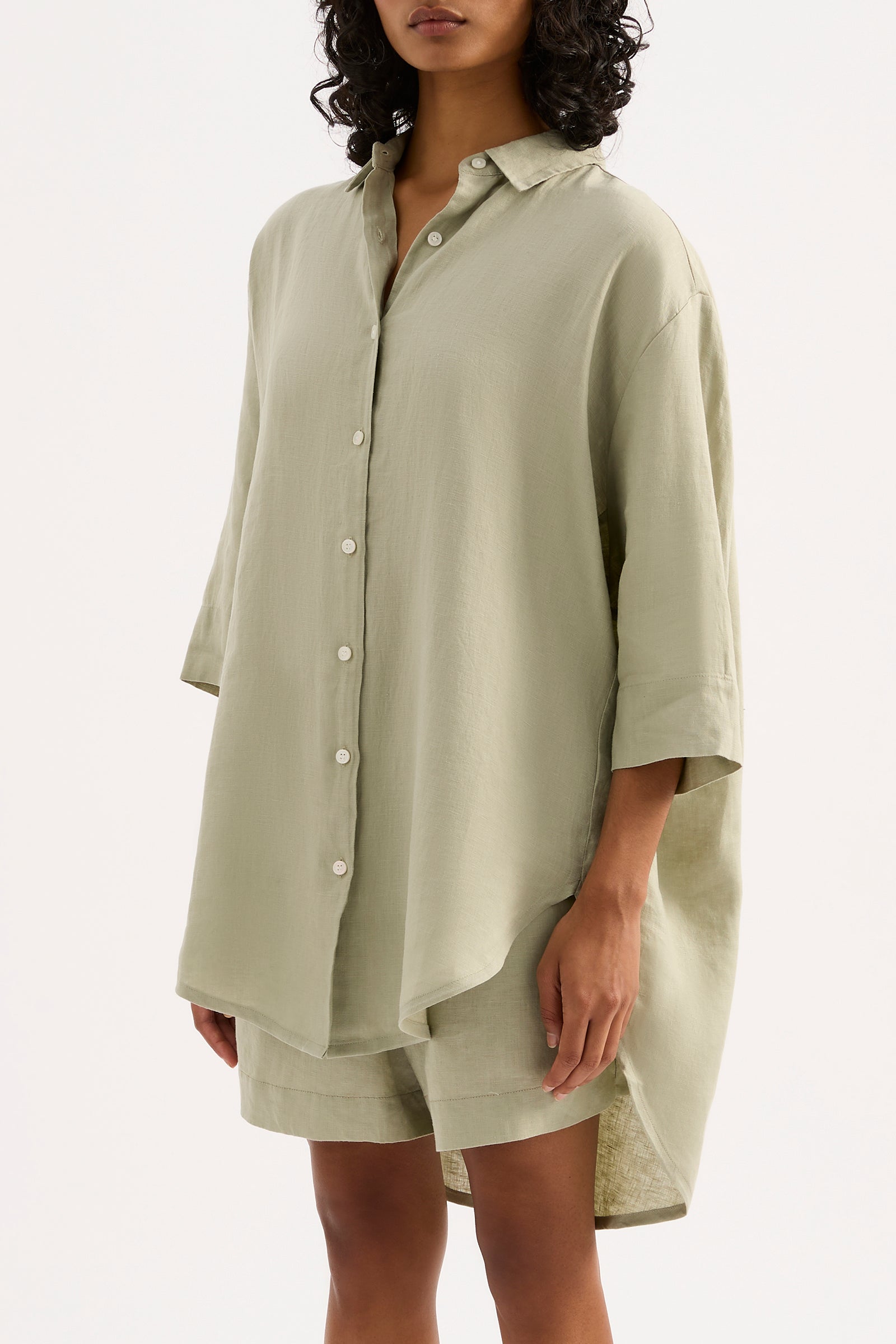 Lounge Linen Longline Shirt Olive 