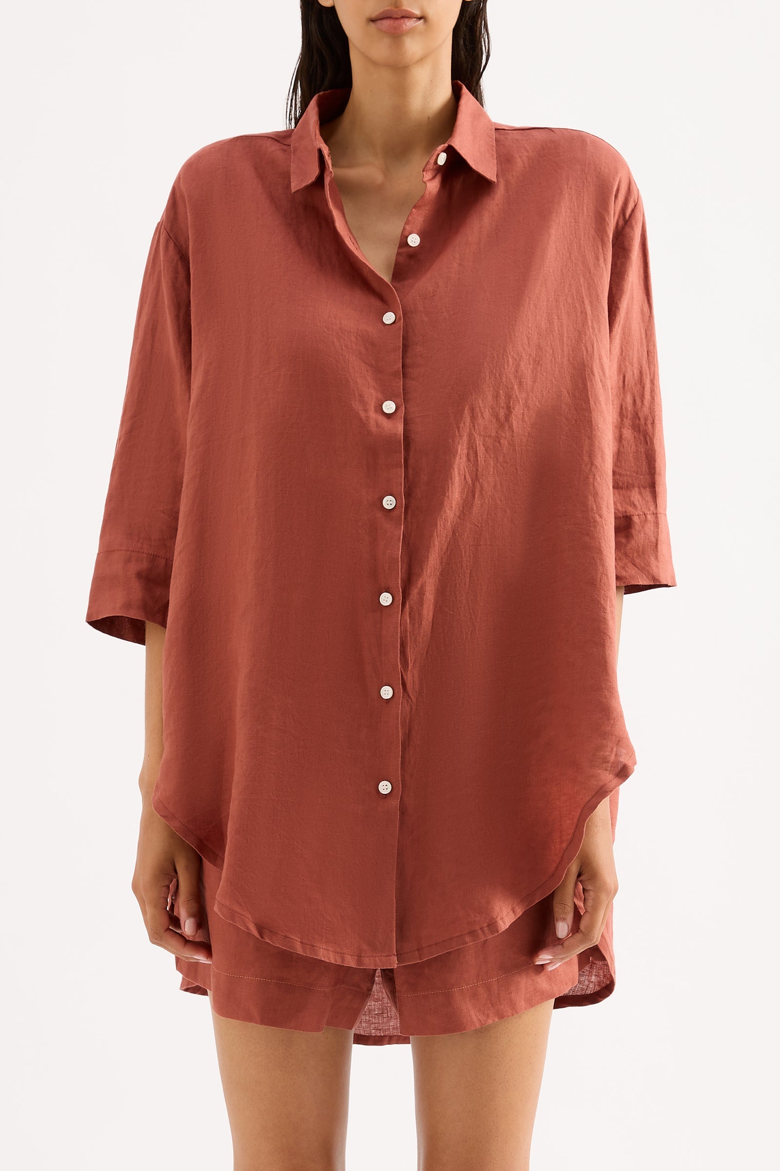 Lounge Linen Longline Shirt Rust 