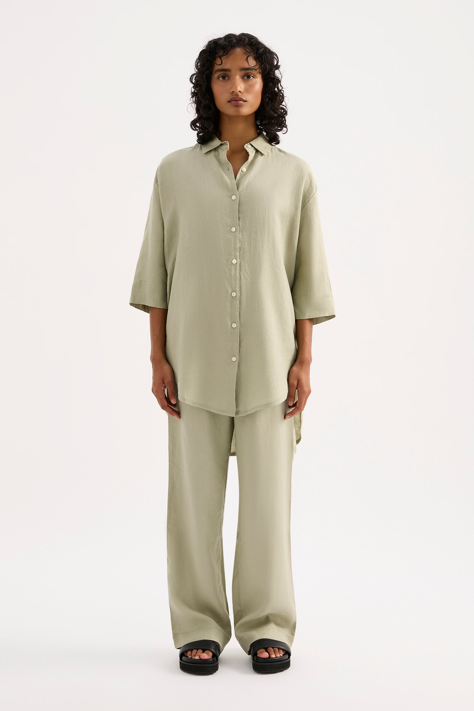 Lounge Linen Longline Shirt Olive 