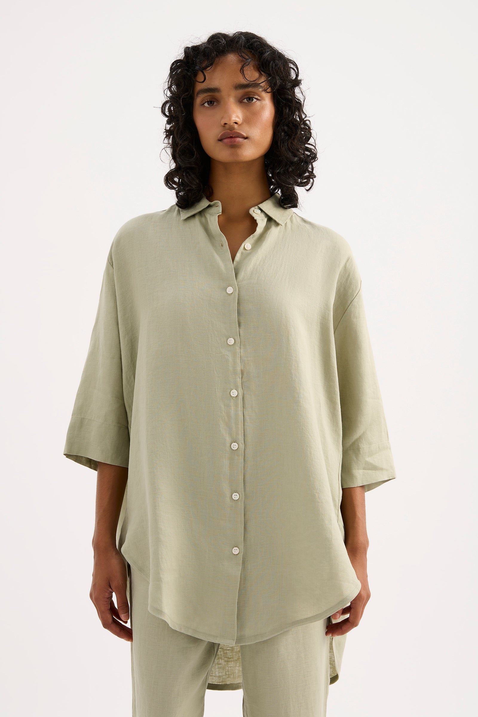 Lounge Linen Longline Shirt Olive 